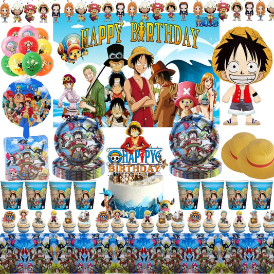 One Piece Birthday Party Supplies - Luffy & Zoro Themed Decorations - Complete Disposable Tableware Set with Tablecloth, Cups, Plates, Balloons