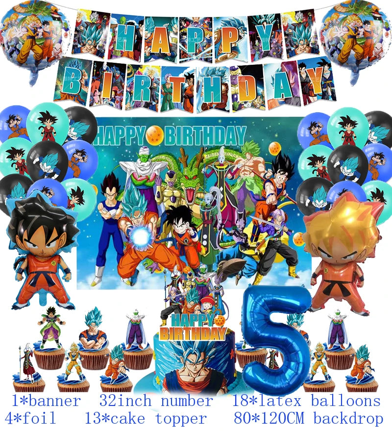 Anime Dragon Ball Birthday Party Decor Set - Includes Latex & Dragon Foil Balloons, Photo Backdrop Banner, Cake Topper - Perfect for Baby Showers & Celebrations