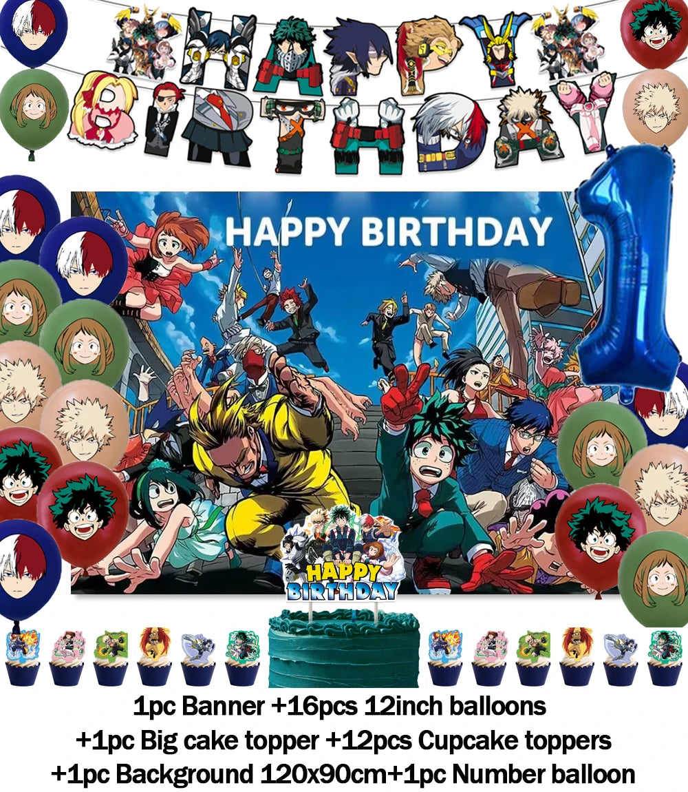 Hot Anime My Hero Academia Theme Kids Birthday Party Digital Balloon Banner Cake Topper Background Decoration Supplies