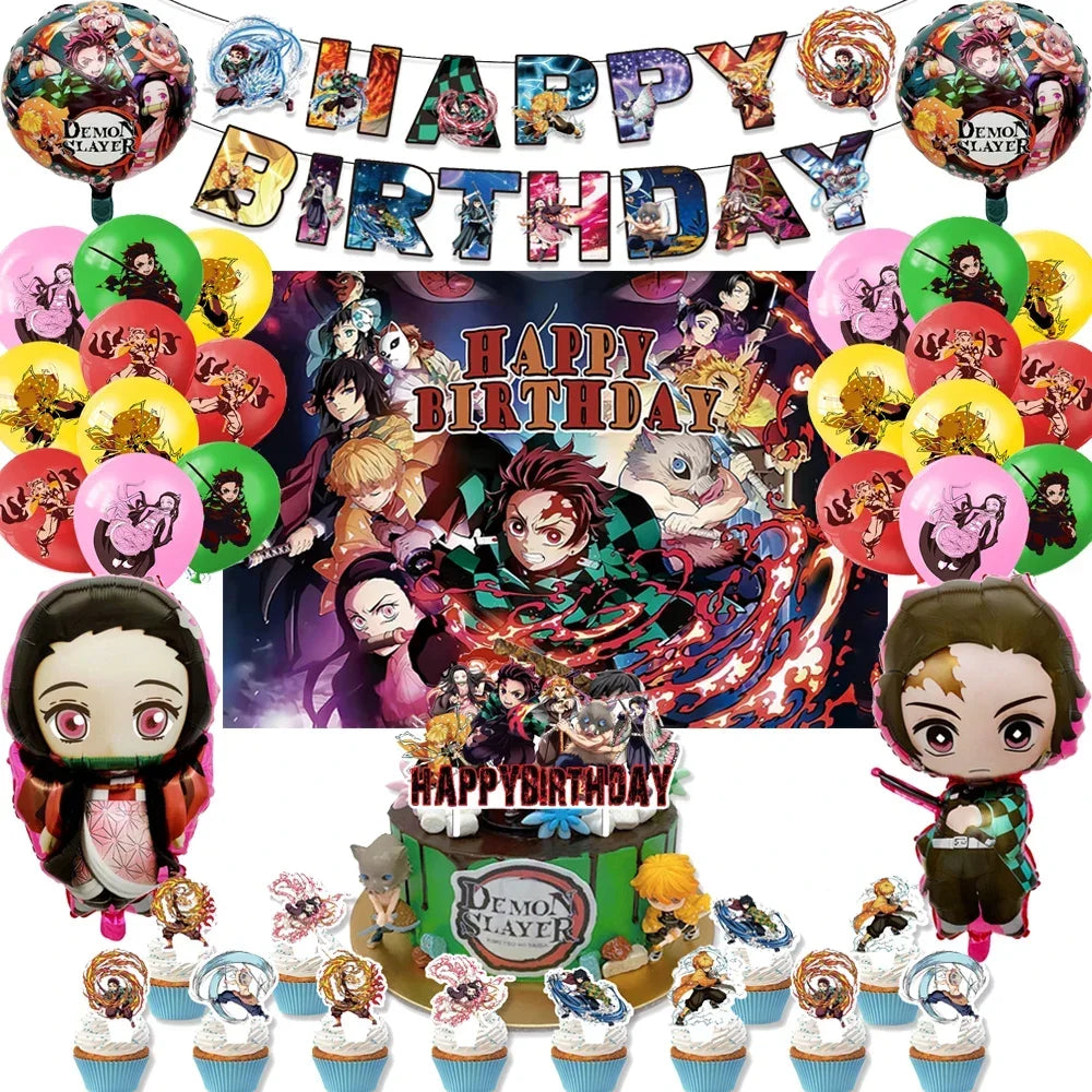 Demon Slayer Kimetsu No Yaiba Birthday Party Kit - Complete Tableware Supplies, Latex Balloons, Background Banner, Cake Topper & Toys