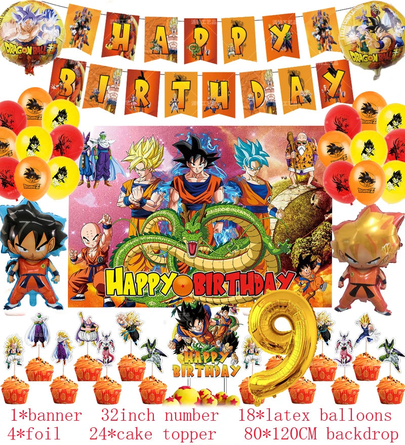 Anime Dragon Ball Birthday Party Decor Set - Includes Latex & Dragon Foil Balloons, Photo Backdrop Banner, Cake Topper - Perfect for Baby Showers & Celebrations