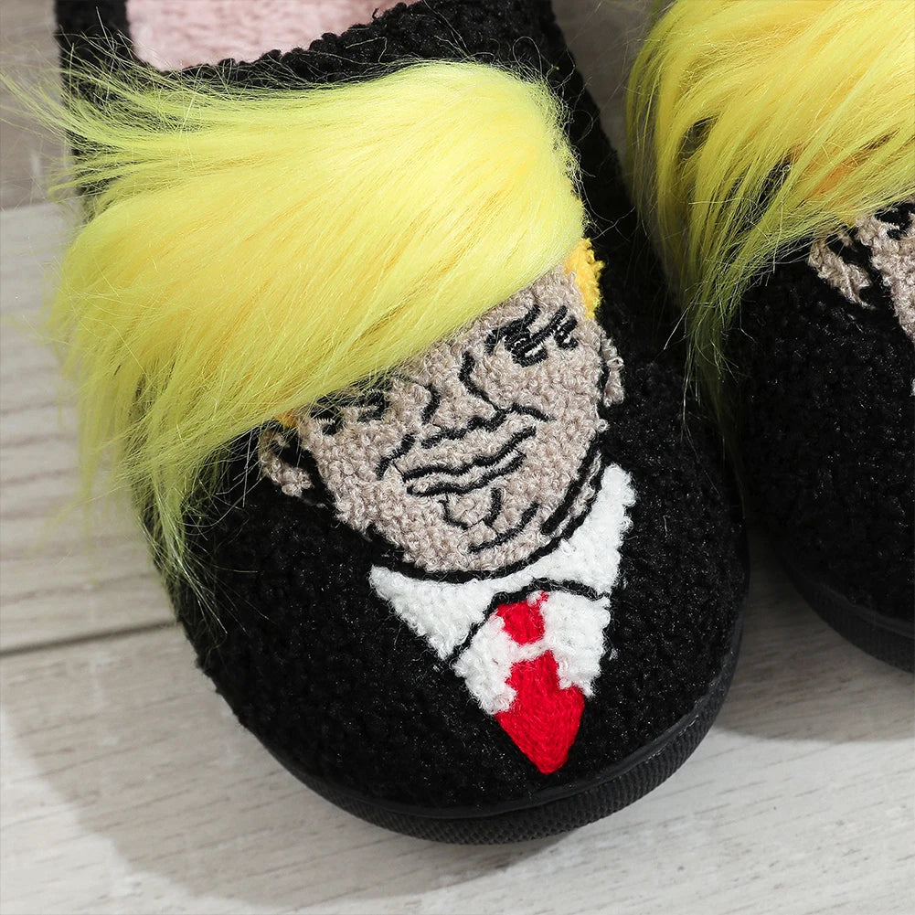 Funny Trump Wig Plush Slippers - Comfortable Fluffy Thermal Home Slippers with Creative 3D Fake Hair - Furry Winter Footwear