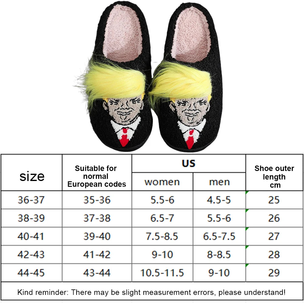 Funny Trump Wig Plush Slippers - Comfortable Fluffy Thermal Home Slippers with Creative 3D Fake Hair - Furry Winter Footwear