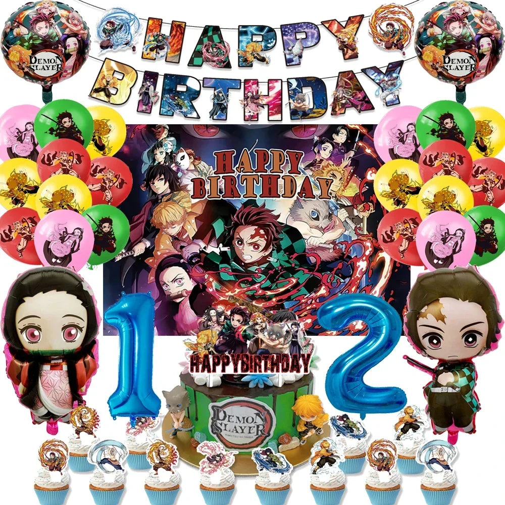 Demon Slayer Kimetsu No Yaiba Birthday Party Kit - Complete Tableware Supplies, Latex Balloons, Background Banner, Cake Topper & Toys