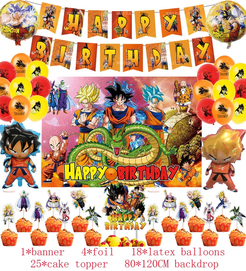 Anime Dragon Ball Birthday Party Decor Set - Includes Latex & Dragon Foil Balloons, Photo Backdrop Banner, Cake Topper - Perfect for Baby Showers & Celebrations