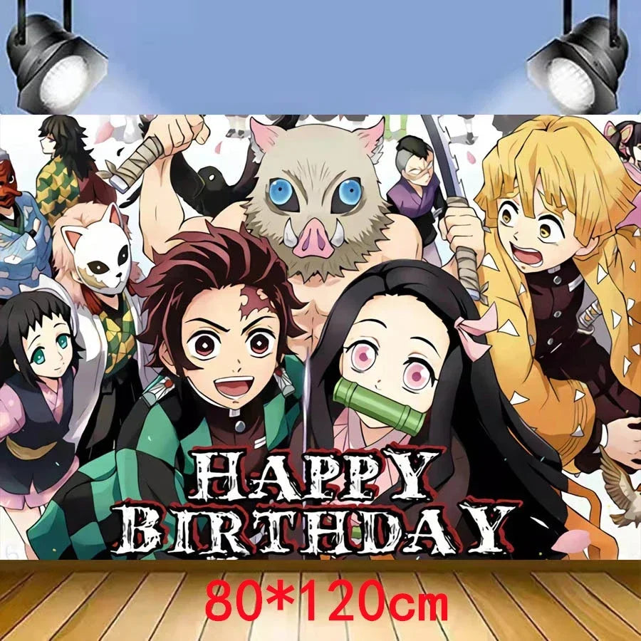 Demon Slayer Kimetsu No Yaiba Birthday Party Kit - Complete Tableware Supplies, Latex Balloons, Background Banner, Cake Topper & Toys