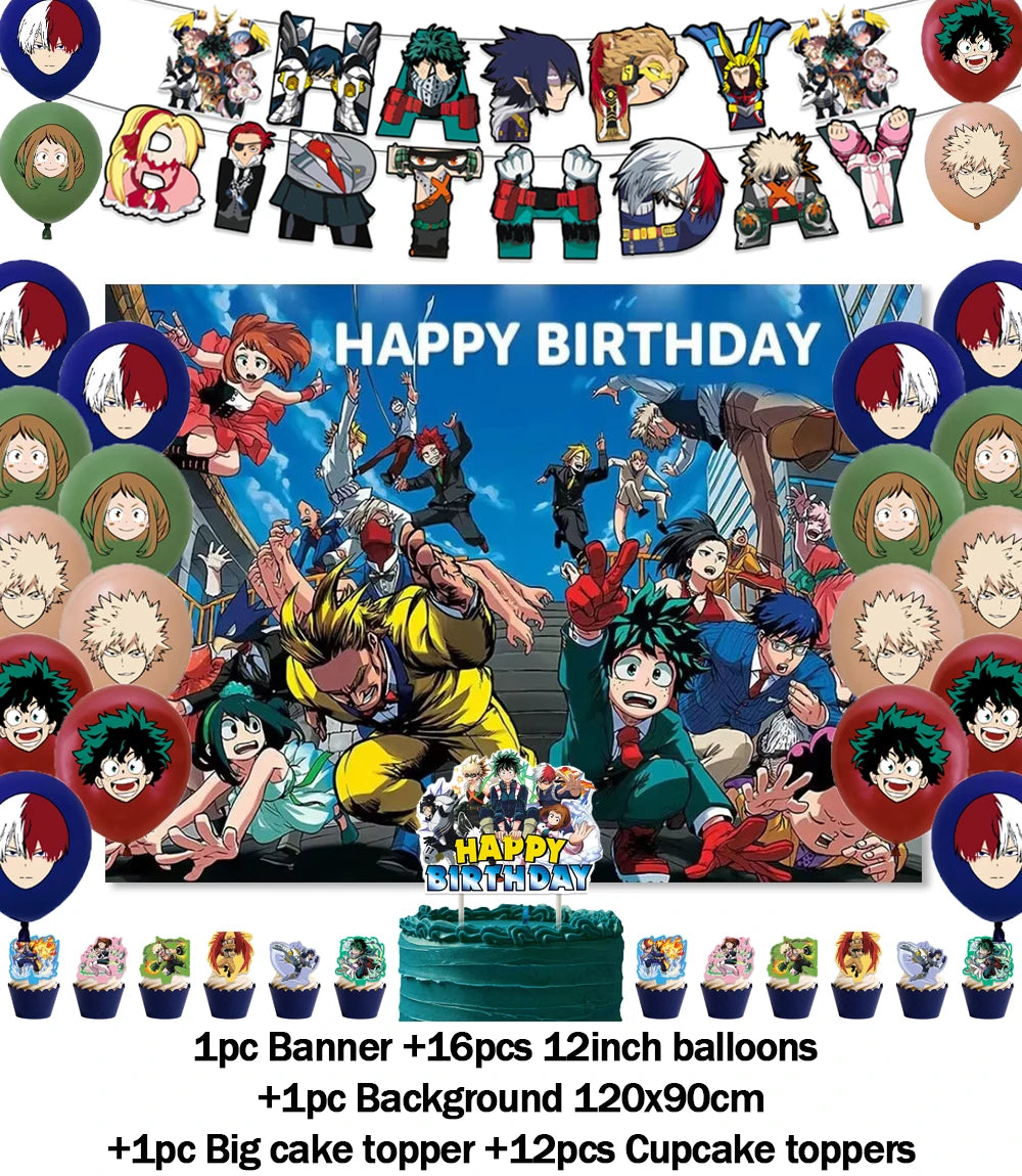 Hot Anime My Hero Academia Theme Kids Birthday Party Digital Balloon Banner Cake Topper Background Decoration Supplies