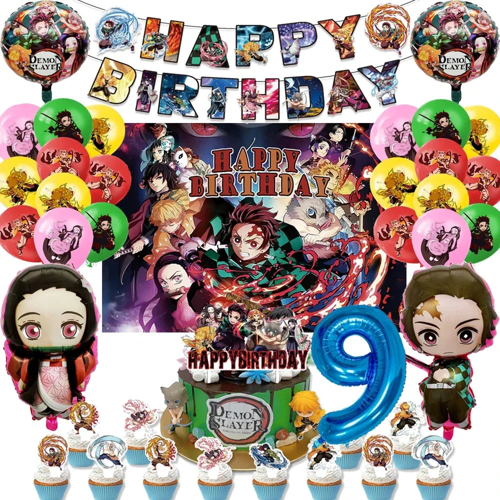 Demon Slayer Kimetsu No Yaiba Birthday Party Kit - Complete Tableware Supplies, Latex Balloons, Background Banner, Cake Topper & Toys