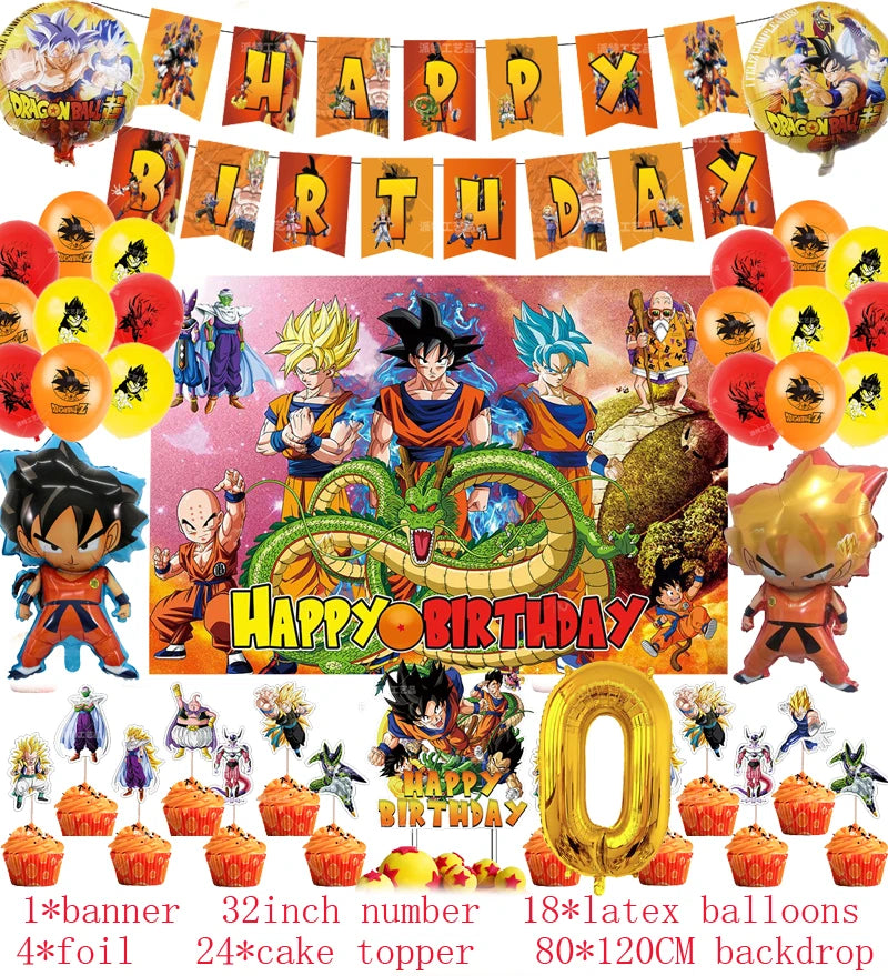 Anime Dragon Ball Birthday Party Decor Set - Includes Latex & Dragon Foil Balloons, Photo Backdrop Banner, Cake Topper - Perfect for Baby Showers & Celebrations