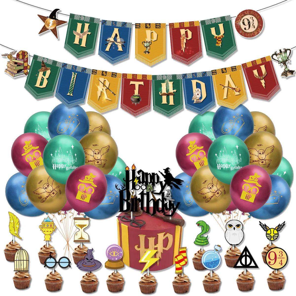 Harry Potter Hogwarts Birthday Party Supplies Set - Disposable Banner, Cake Topper, Hanging Flags & Balloons - Magical Wizard Theme Decorations