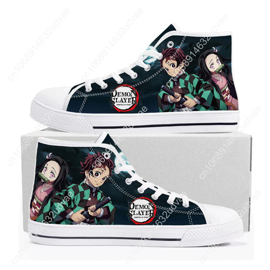 Demon Slayer Kimetsu No Yaiba High-Top Sneakers - Tanjiro & Nezuko Canvas Shoes for Men, Women, and Teenagers - Custom Casual Sneakers