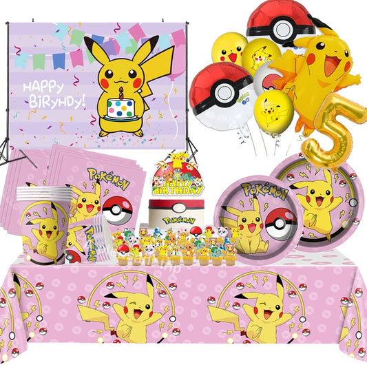 Pink Pikachu Pokemon Party Kit - Birthday & Baby Shower Decorations with Balloons, Stickers, Tablecloth, Cups, Plates - Complete Supplies Set