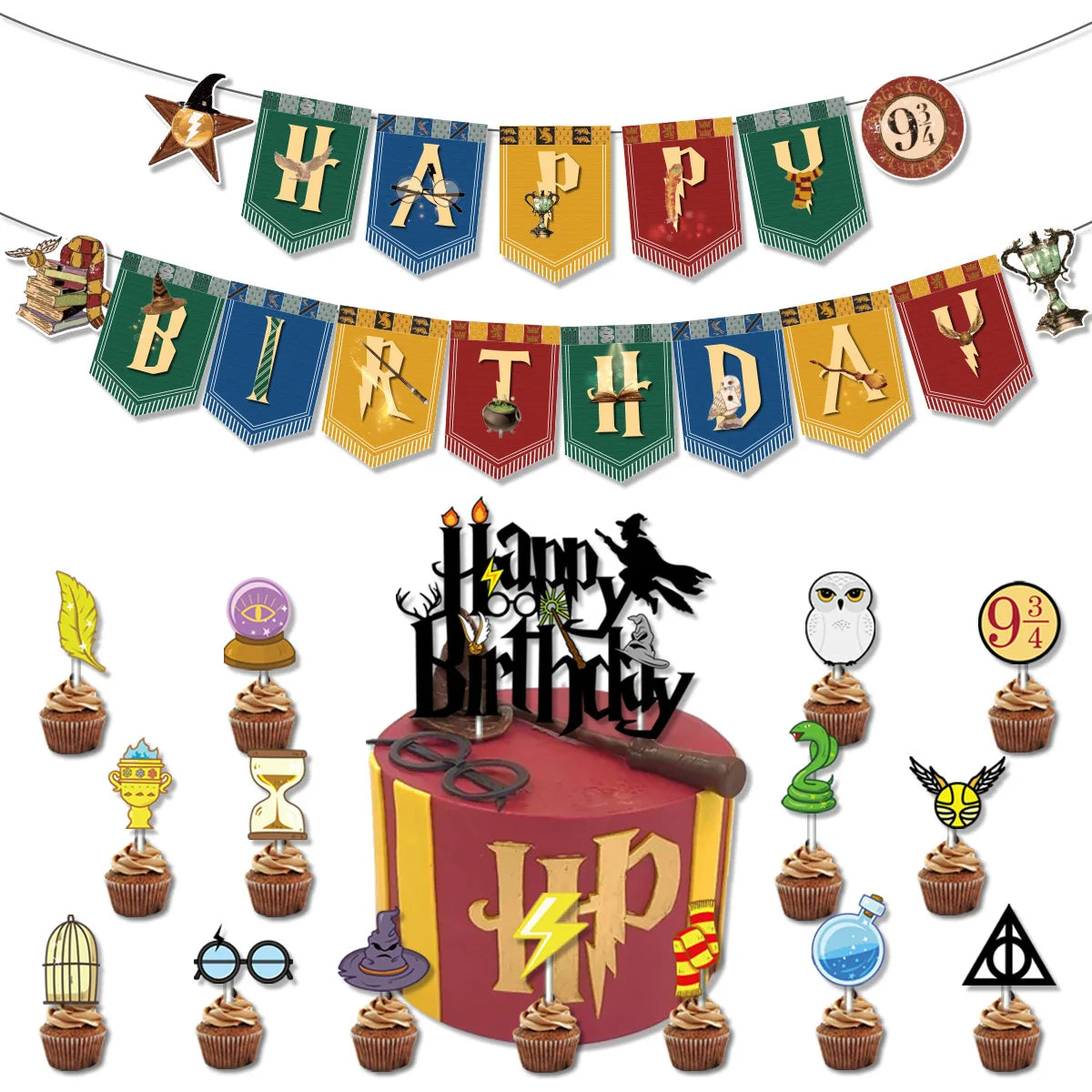 Harry Potter Hogwarts Birthday Party Supplies Set - Disposable Banner, Cake Topper, Hanging Flags & Balloons - Magical Wizard Theme Decorations