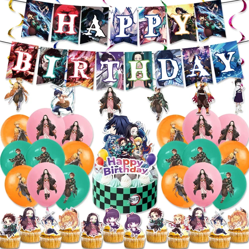 Demon Slayer Kimetsu No Yaiba Birthday Party Kit - Complete Tableware Supplies, Latex Balloons, Background Banner, Cake Topper & Toys