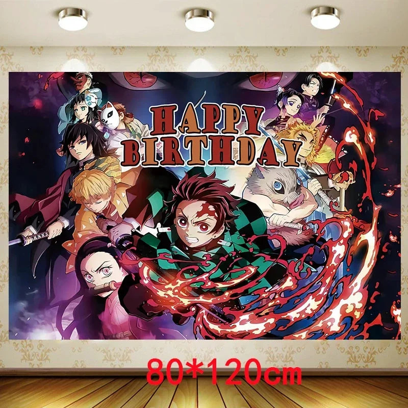 Demon Slayer Kimetsu No Yaiba Birthday Party Kit - Complete Tableware Supplies, Latex Balloons, Background Banner, Cake Topper & Toys