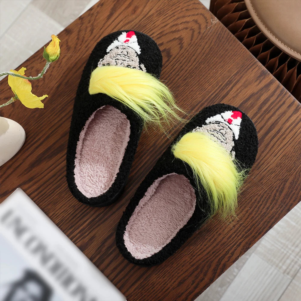 Funny Trump Wig Plush Slippers - Comfortable Fluffy Thermal Home Slippers with Creative 3D Fake Hair - Furry Winter Footwear