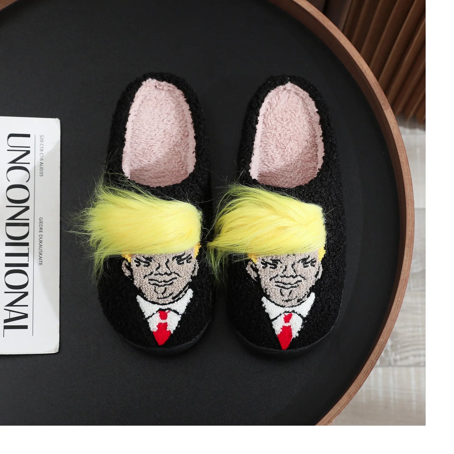 Funny Trump Wig Plush Slippers - Comfortable Fluffy Thermal Home Slippers with Creative 3D Fake Hair - Furry Winter Footwear