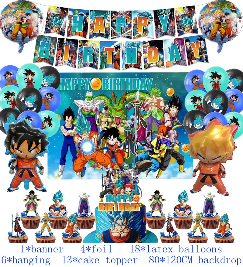 Anime Dragon Ball Birthday Party Decor Set - Includes Latex & Dragon Foil Balloons, Photo Backdrop Banner, Cake Topper - Perfect for Baby Showers & Celebrations