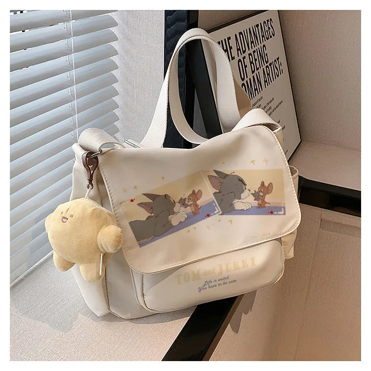 Tom And Jerry Crossbody One Shoulder Backpack Men'S And Women'S Canvas Bags Student Tote Bag Knapsack