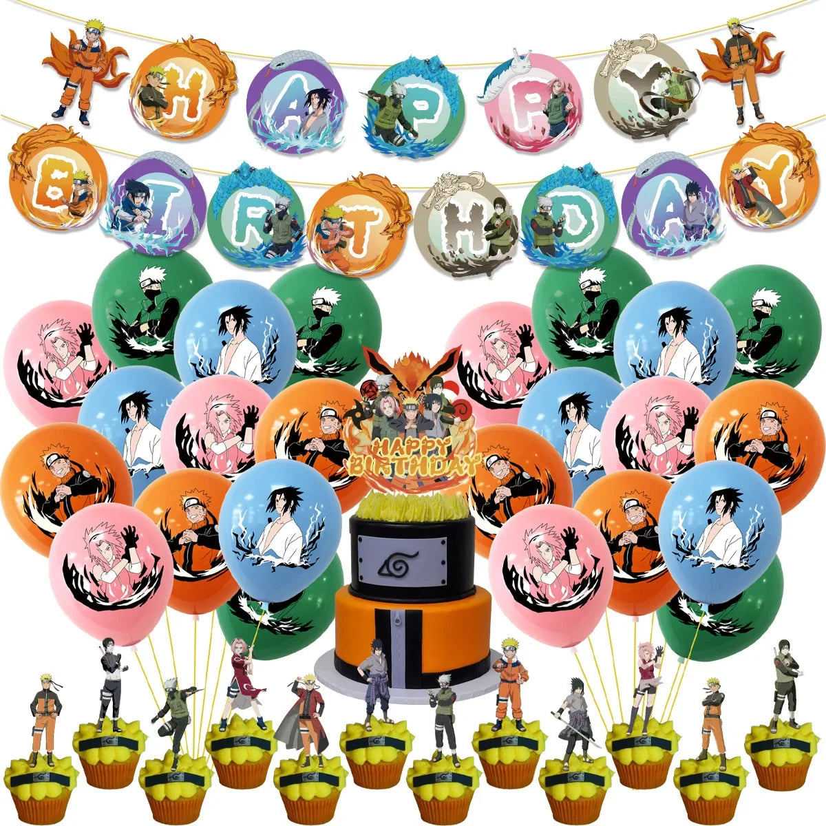 Cool Naruto Anime Birthday Party Set - Disposable Cake Topper, Hanging Flags, Balloon Suits - Complete Decorations for Naruto-Themed Celebration