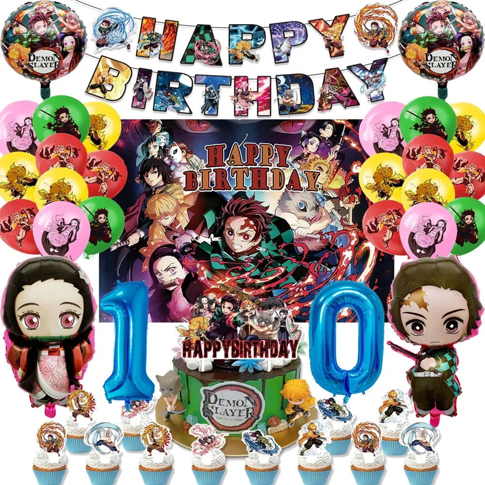 Demon Slayer Kimetsu No Yaiba Birthday Party Kit - Complete Tableware Supplies, Latex Balloons, Background Banner, Cake Topper & Toys