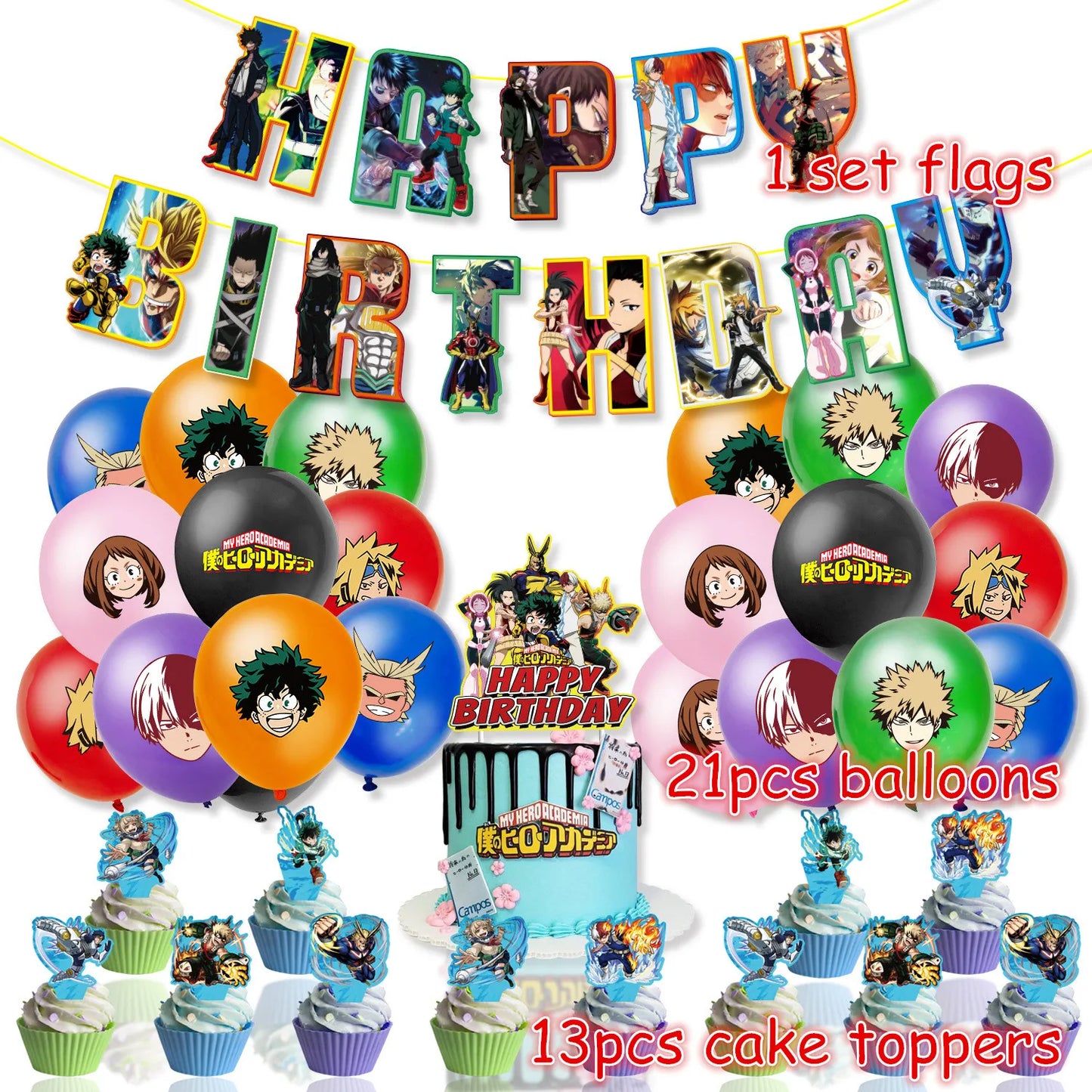 My Hero Academia Party Supplies Set - Includes Balloons, Flags, Cake Toppers - Birthday & Baby Shower Decorations - Kid-Friendly Anime Air Globos