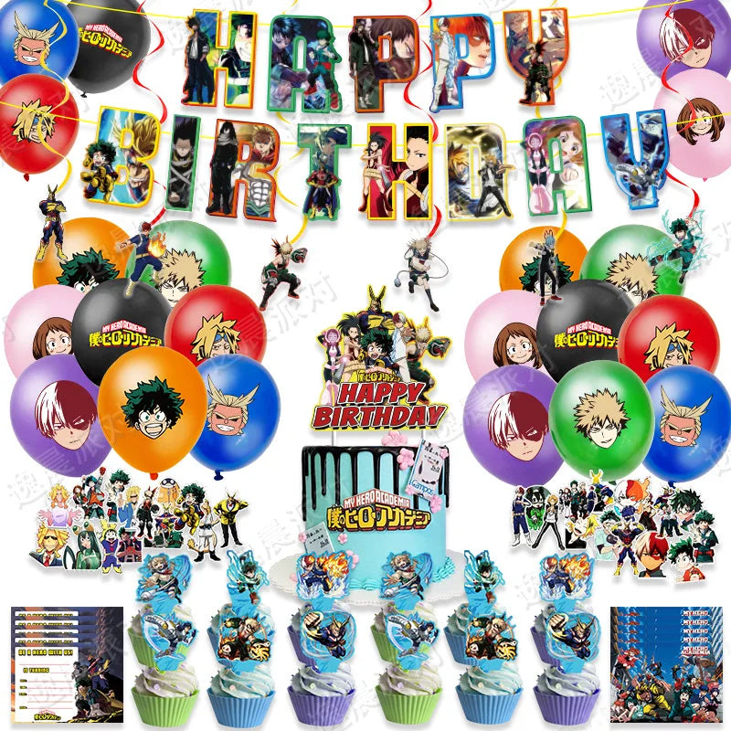 My Hero Academia Party Supplies Set - Includes Balloons, Flags, Cake Toppers - Birthday & Baby Shower Decorations - Kid-Friendly Anime Air Globos