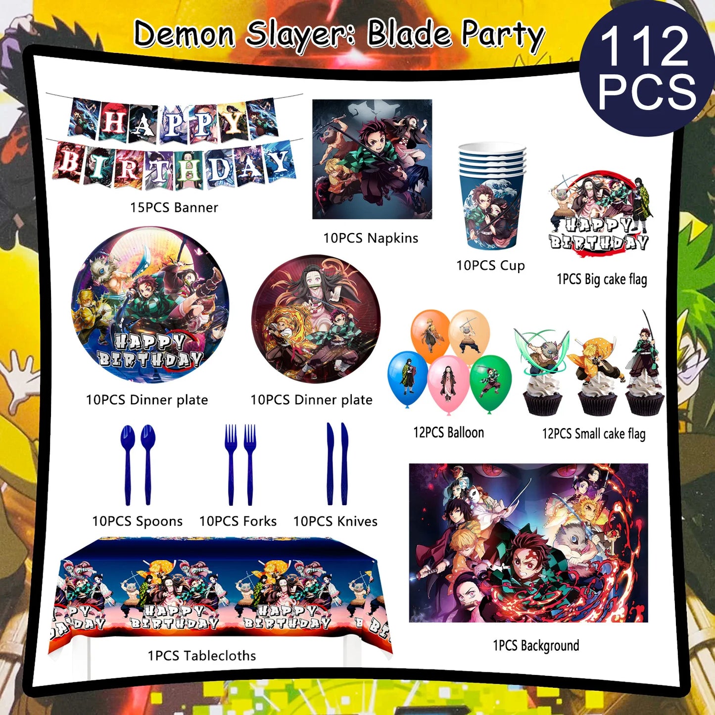 Demon Slayer Birthday Party Kit - 112pcs Complete Decorations & Tableware Set - Includes Banner, Balloons, Plates, Backdrop & More